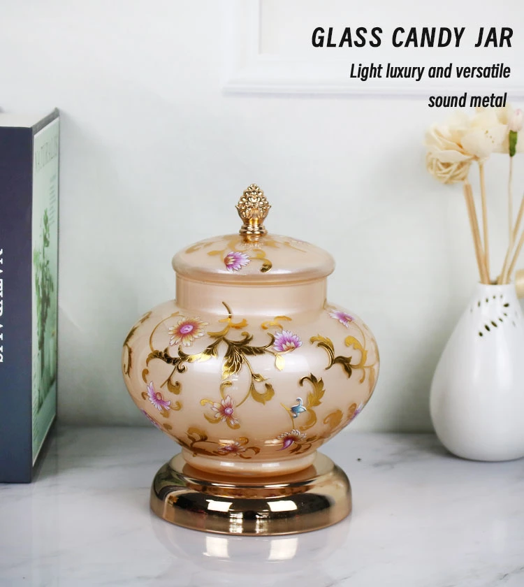 New Product Glass Storage Jars with Lids Applique Design Metal Base Food Dry Fruit Storage Tin Canister/Jar