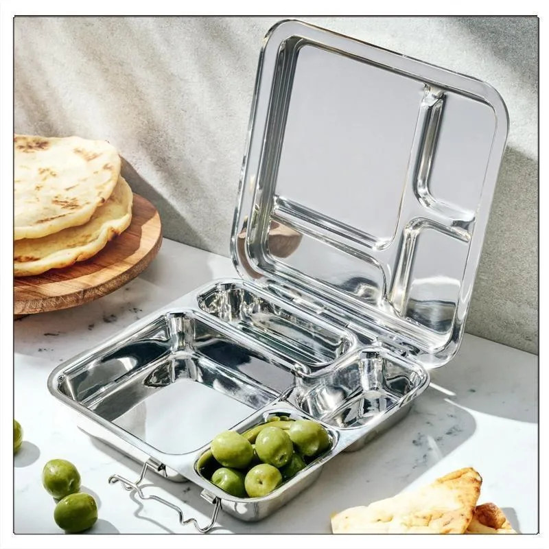 Lid Stainless Steel Lunch Box with 4 Compartments and Hinged Lid Metal Multi-Compartment Lunch Box