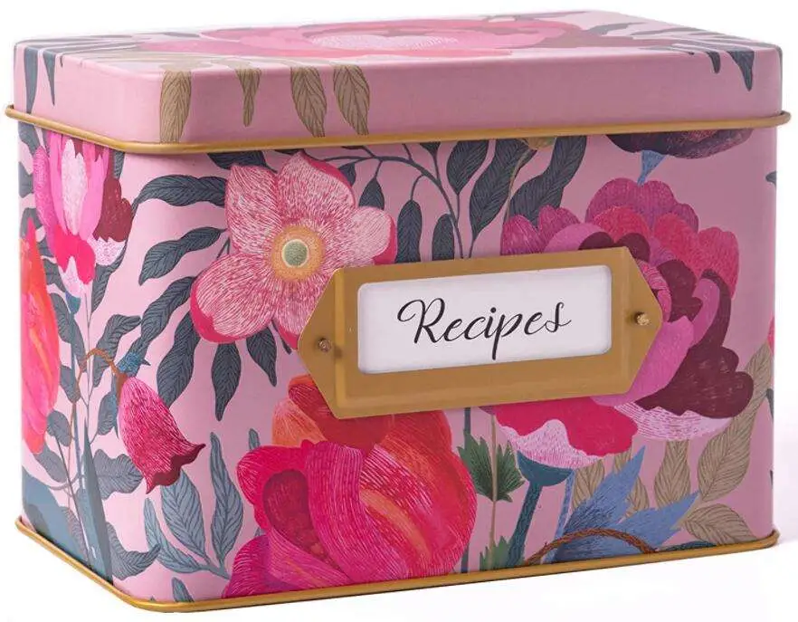 Custom Decorative Recipe Box with Dividers Metal Kitchen Storage Recipes Tin Box