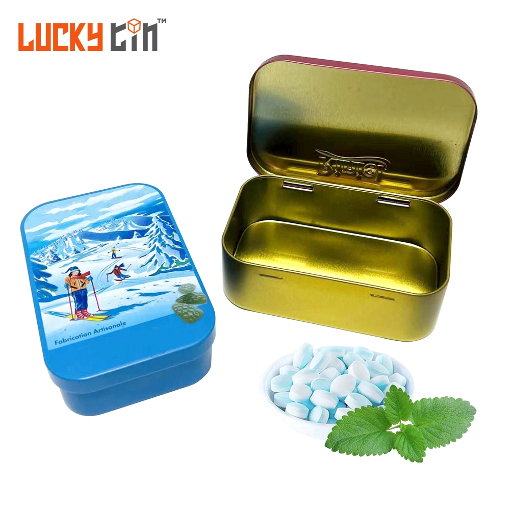 Factory Custom No-Plastic Tinplate Packaging Rectangle Metal Can Boite Mettalique Tin Box for Candy with Hinged Lid