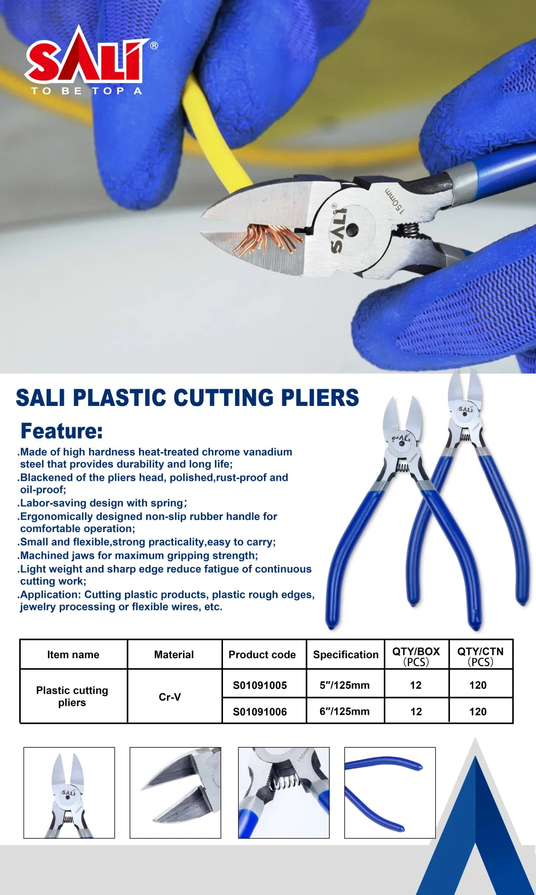 Sali 5&prime;&prime; Cr-V Head with Rubber Handle Hand Tools Plastic Cutting Pliers
