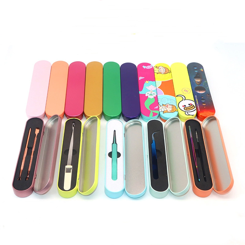 Custom Long Narrow Rectangular Hinged Colored Pen Tweezers Packaging Tin Pencil Case