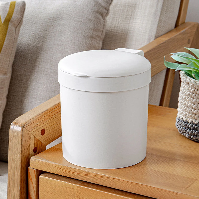 Desktop Round Barrel Small Trash Can Plastic Office with Lid Sorting Trash Box with Pressure Ring Mini Living Room Waste Paper Basket