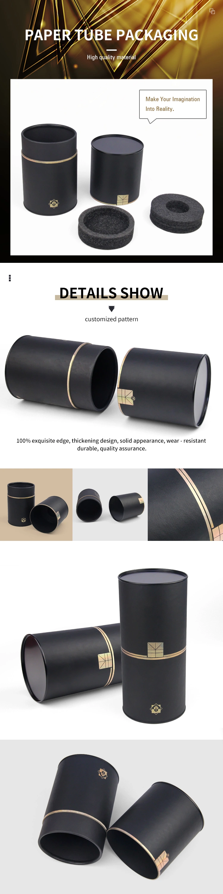 Firstsail Custom Black Tinplate Round Paper Tube Gift Food Whiskey Cylindrical Wine Bottle Box Packaging