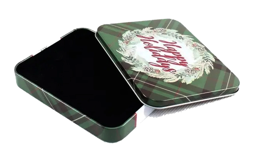 Factory Custom Tinplate Packaging Green Rectangle Metal Box Small Luxury Christmas Tin for Chocolate Candy