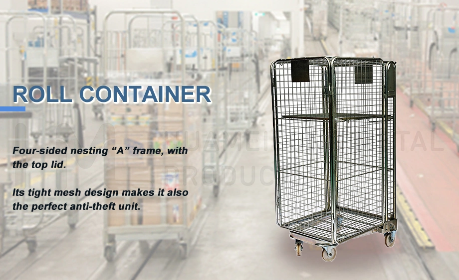 Warehouse Collapsible Mobile Industrial Durable Wire Mesh Metal Roll Container