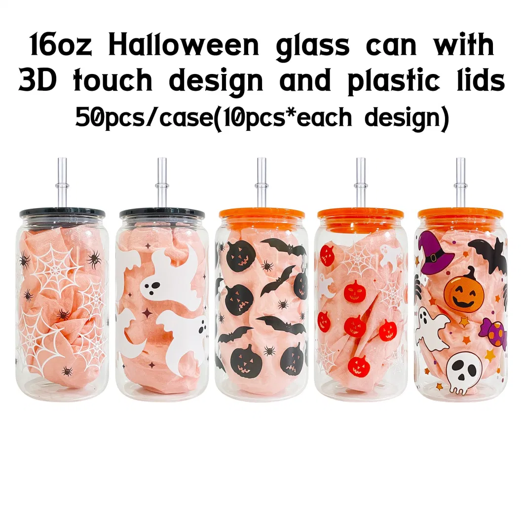 16oz Halloween Design 3D Touch UV Printing Pumpkin Skull Ghost Spider Web Printed Orange Black Color Plastic Lid Beer Glass Can