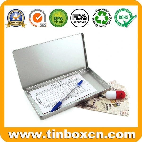 Empty Silver Hinged Rectangular Slim Tin Box for Stationery Storage Boxes