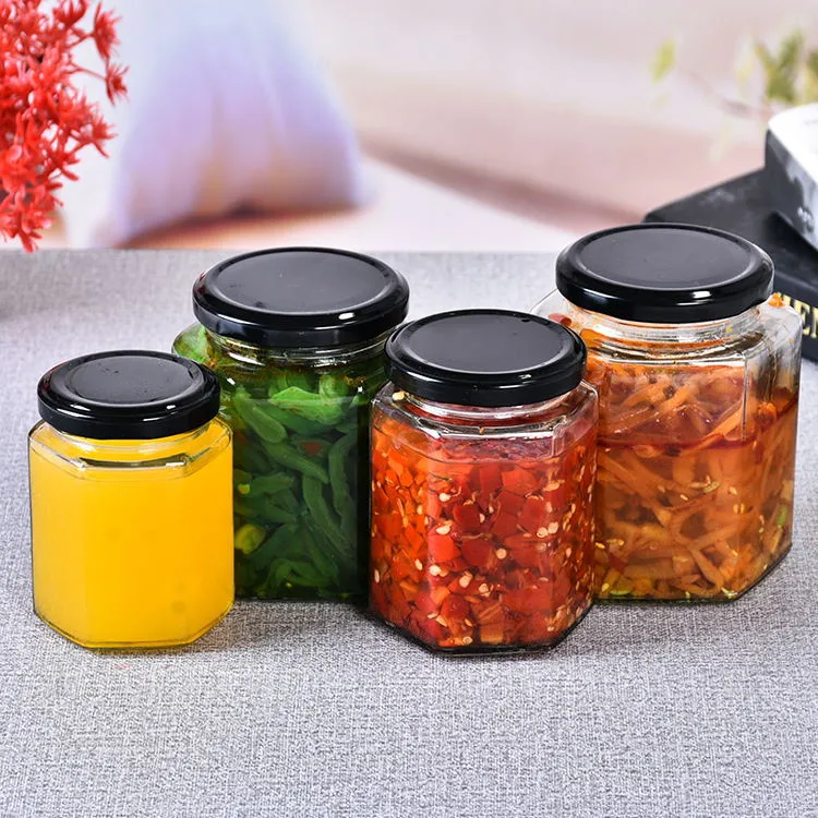 Hexagonal Fruit Canning Food Container 180ml 280ml 380ml 500ml Hexagon Glass Jar for Honey and Jam with Black Twist off Tin Lid