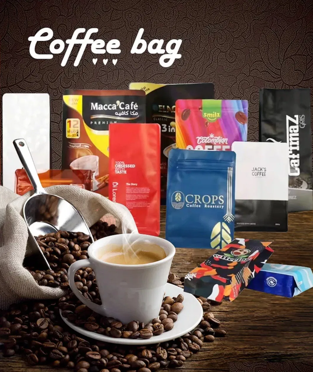 12oz Coffee Bags Food Grade Pouch Matte Printing Packaging with Valve and Tin Ties