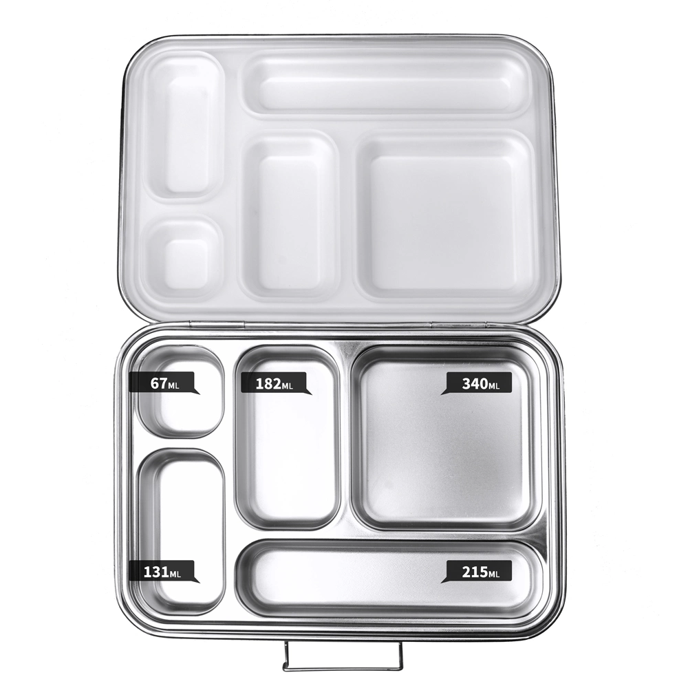 Aohea Hot Sale 5 Compart Stainless Steel Metal Tin Outdoor School Office Kids Children Reusable Insulated Bento Lunch Box