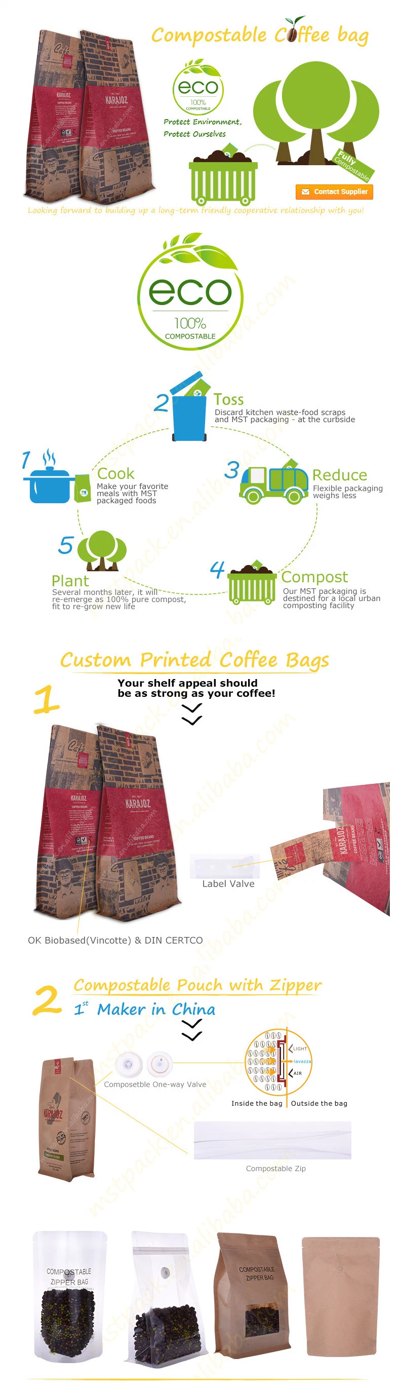 500g Biodegradable Box Bottom Coffee Pack with Pocket Zipper