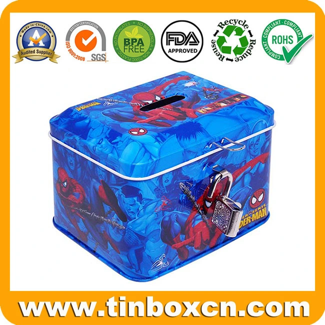 Custom Fancy Kid Hinged Metal Tin Coin Bank Money Tin Box with Lock Lid Spider Man for Gifts