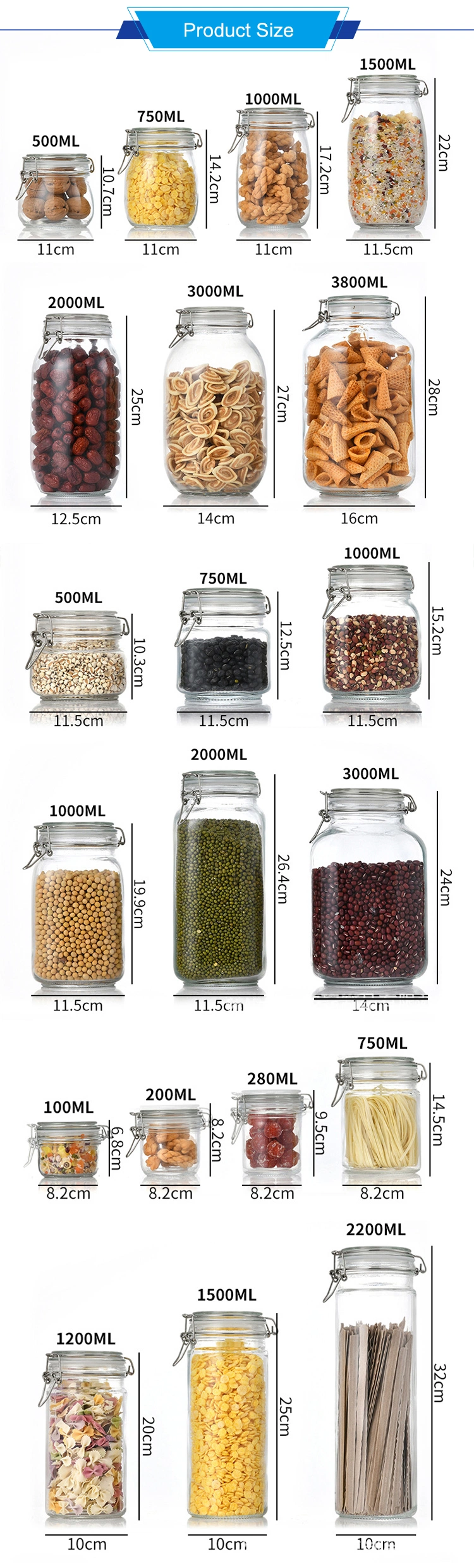 High Quality 500ml 750ml 1000ml Airtight Glass Jar Small Glass Container with Metal Clip