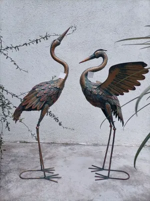 Heron Decoy sculture in metallo in piedi Bird Yard Set di 2 Giardino Crane statue Patina