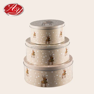  Tre pezzi decorativo modello di cartoon Natale Elk stampato colorato Round Food Regalo Candy gioco Natale stoccaggio imballaggio metallo Grande Tin Contenitore Tin scatola