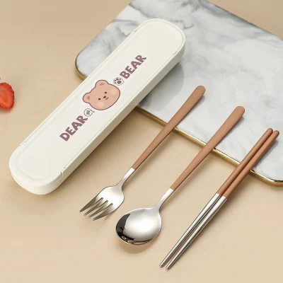 Drawing carino Portable Tableware Fork cucchiaio Chopsticks posate Set pranzo Scatola