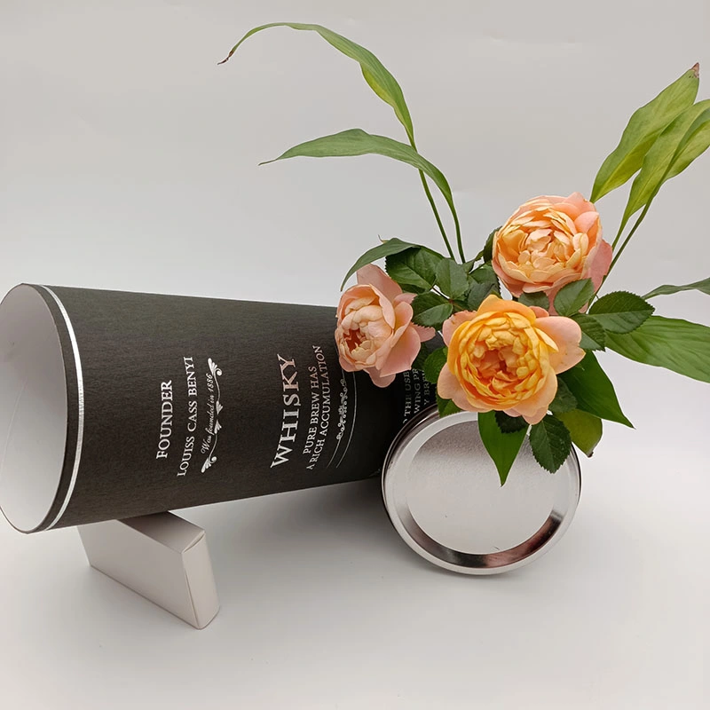 Customized Black Cylinder Shape Paper Round Packaging Box Tube Cardboard Composite Can with Metal Tinplate Base and Lid