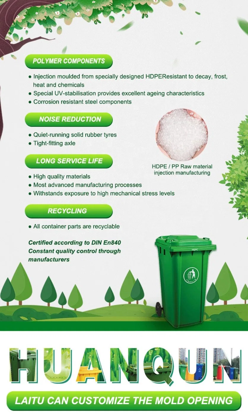 240L Virgin HDPE Customized Color Mobile Wheeled Recycle Plastic Dustbins Garbage Waste Bin Park Large Trash Can