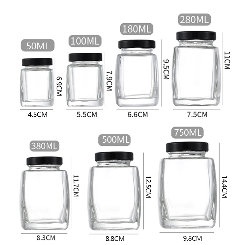 50ml 100ml 180ml 280ml 380ml 750ml Unique Square Shaped Clear Glass Honey Bottle Jar with Wooden Lid for Honey Pudding Jam