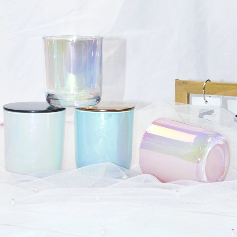 Free Sample Luxury Cylinder Iridescent Colorful Clear Glass Candle Jars Dazzle Color Candle Holder Wedding Decorative with Wooden Metal Lid