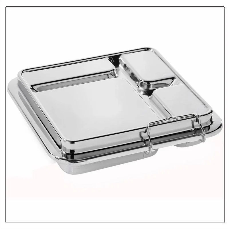 Lid Stainless Steel Lunch Box with 4 Compartments and Hinged Lid Metal Multi-Compartment Lunch Box