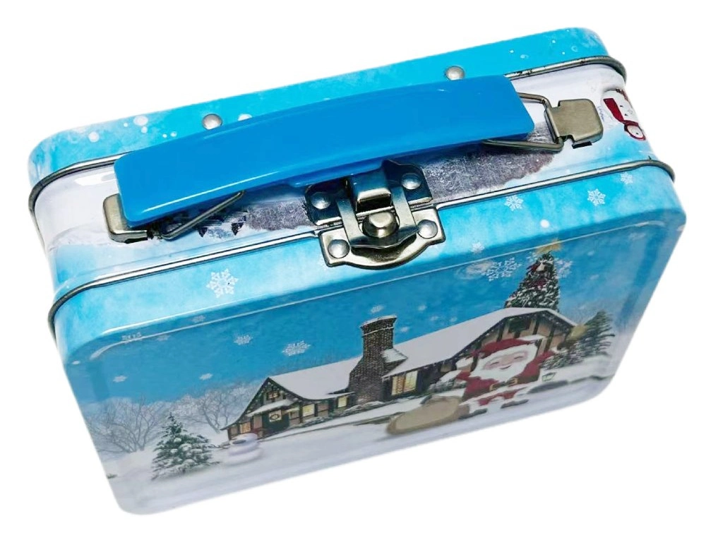 Custom Printing Vintage Tinplate Packaging Rectangular Metal Box Christmas Biscuit Candy Tin Lunch Box with Handle