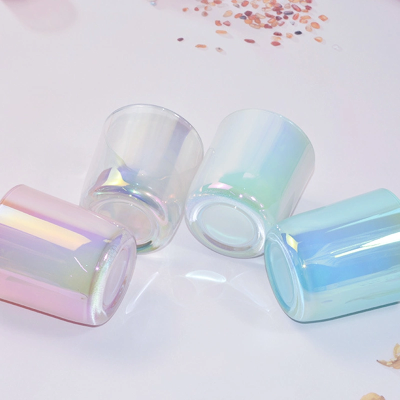 Free Sample Luxury Cylinder Iridescent Colorful Clear Glass Candle Jars Dazzle Color Candle Holder Wedding Decorative with Wooden Metal Lid