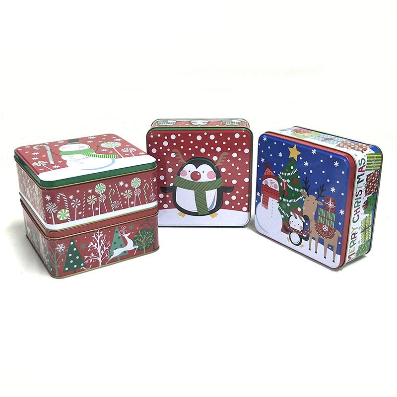 Custom Printed Chrismtas Square Biscuit Gift Packaging Candy Chocolate Tin Box