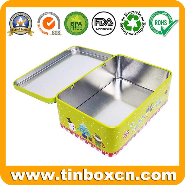 Decorative Cute Rectangle Gift Metal Can Christmas Tin Box with Hinge Lid for Food Storage Container