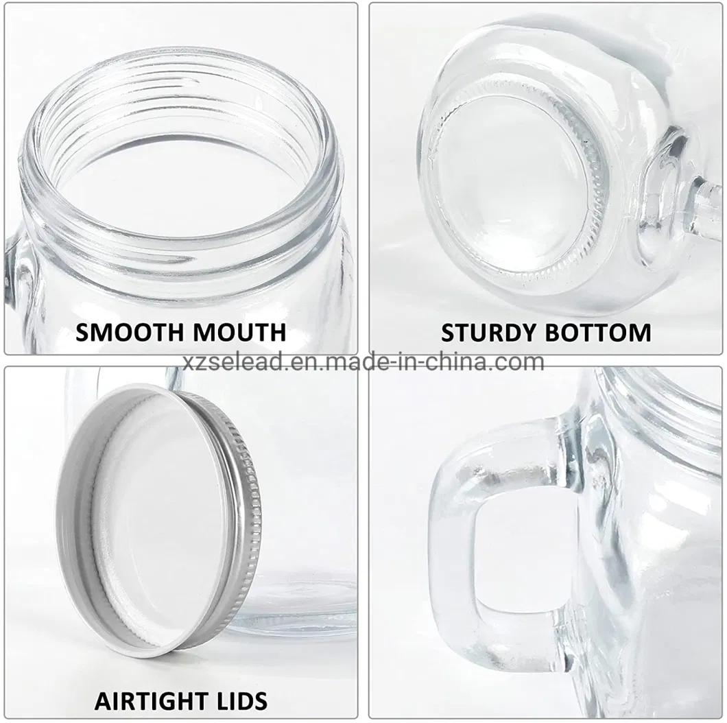 Logo Printed 450ml Straw Handle Screw Top Glass Jar with Lid