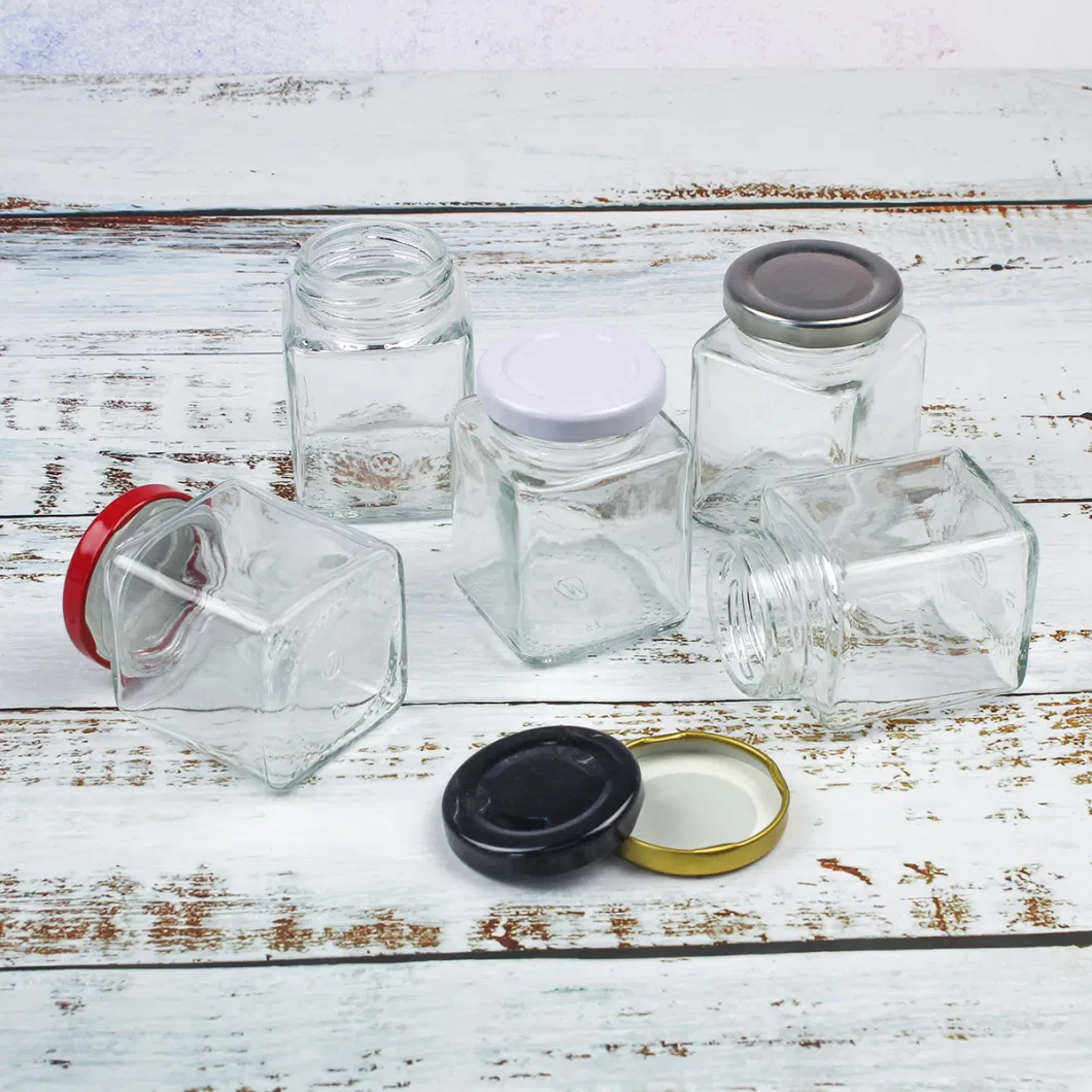 Wholesale Empty Square Clear Food Storage Container Honey Glass Jar with Metal Lid