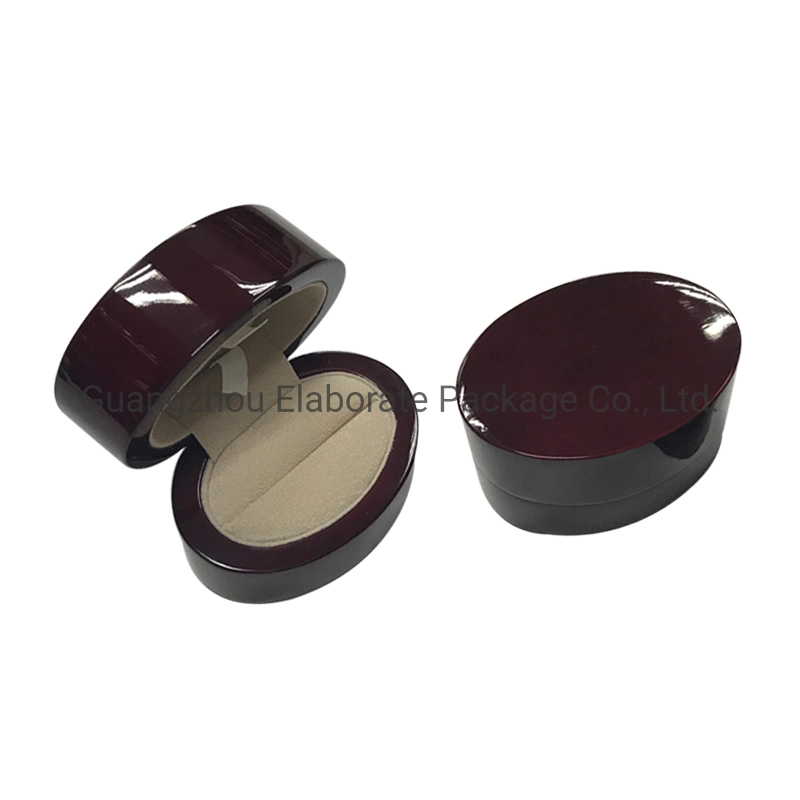 Small Round Travel Glossy Lacquered Cherry Wood Single Jewelry Engagement Ring Box