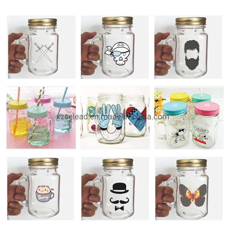 Logo Printed 450ml Straw Handle Screw Top Glass Jar with Lid