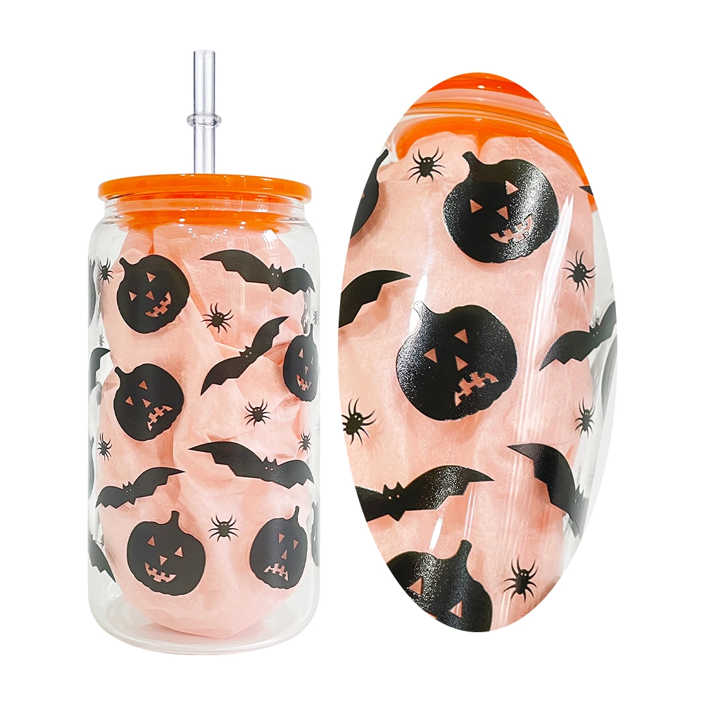 16oz Halloween Design 3D Touch UV Printing Pumpkin Skull Ghost Spider Web Printed Orange Black Color Plastic Lid Beer Glass Can