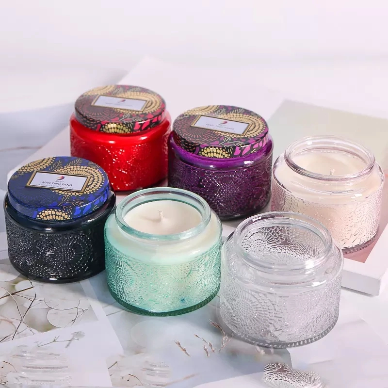 Luxury Aromatherapy Glass Relief Candle Container Iridescent Home Decorative Metal Lid Crystals Candle Jars