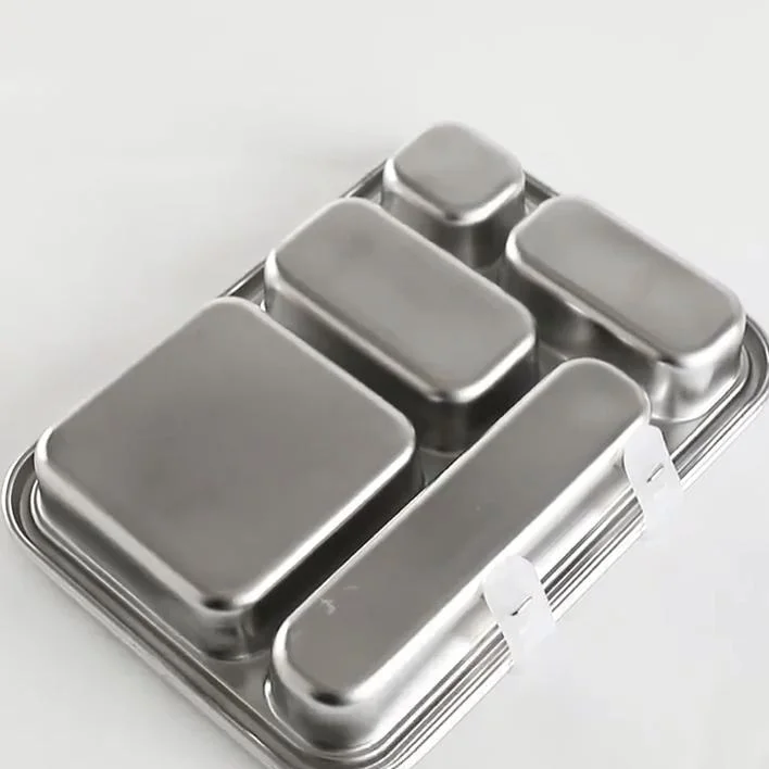 Oumego Food Grade Rectangular Metal Aluminium Loncheras 5 Compart Stainless Steel Tin Bento Lunch Box Fiambreras Infantil