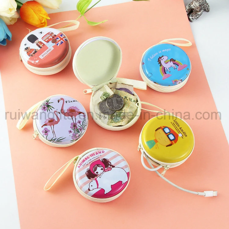 Round Metal Small Coin Case with Zipper