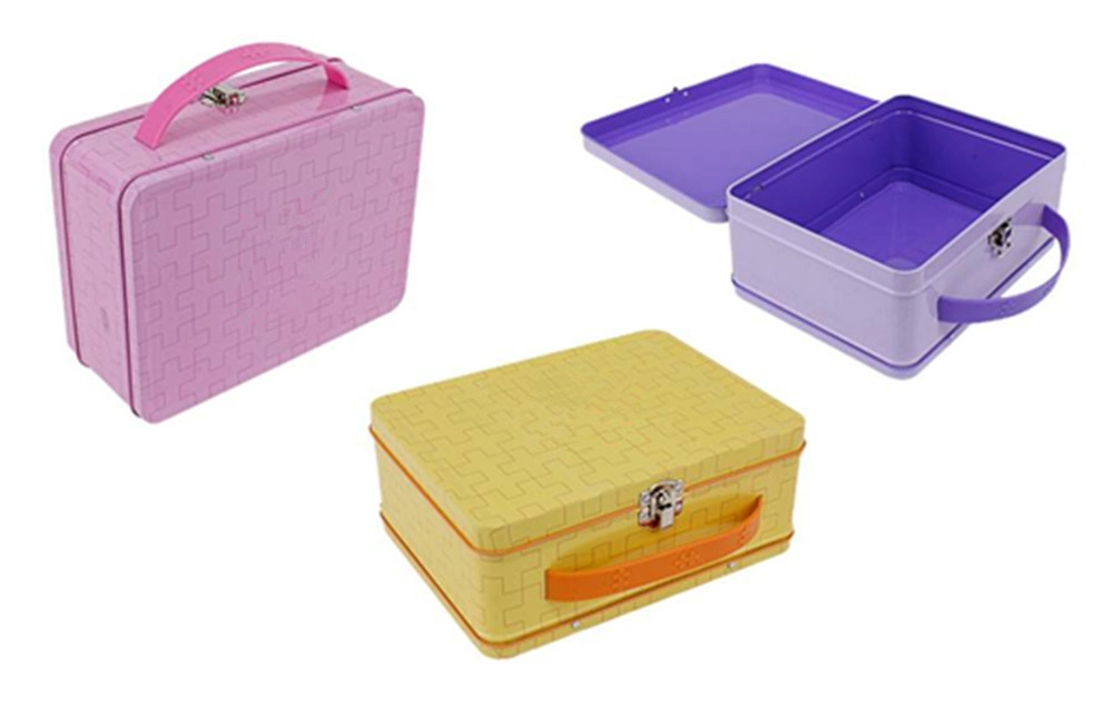 China Wholesale Handbag Tin Packaging Rectangular Metal Suitcase Food Grade Kids Tin Lunch Box