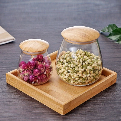 Glass Coffee Nuts Canister Airtight Storage Jar Petal Decorative Container with Bamboo Lid Metal Handle Easy to Grasp 700ml, 23 FL Oz