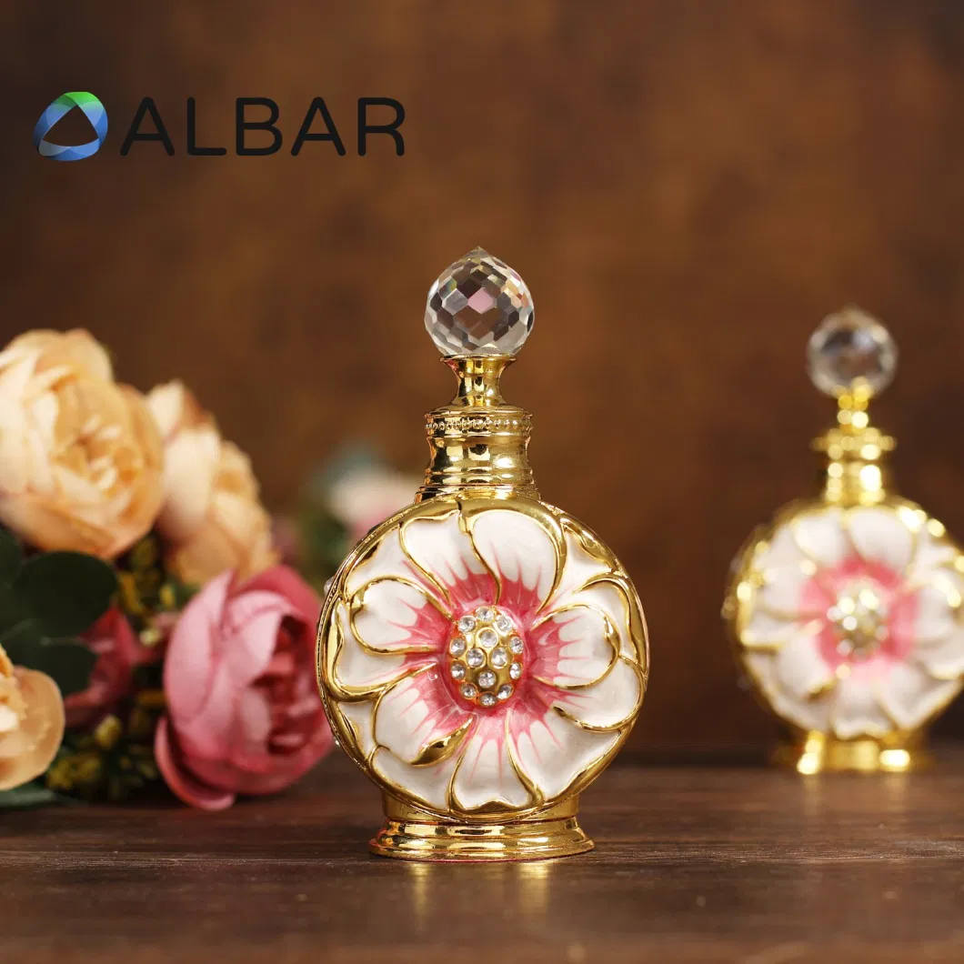 Shiny Gold Round Flower Metal Zink Arabian Tola Perfume Glass Bottles with Diamonds