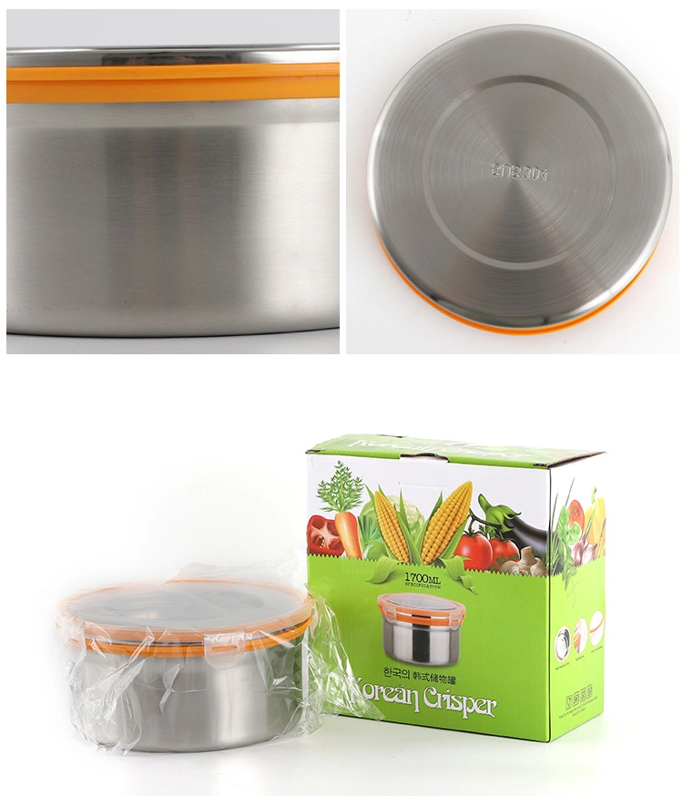 Large Capacity Round Leakproof Metal Box 304 Stainless Steel Kitchen Food Storage Box with Plastic Lid