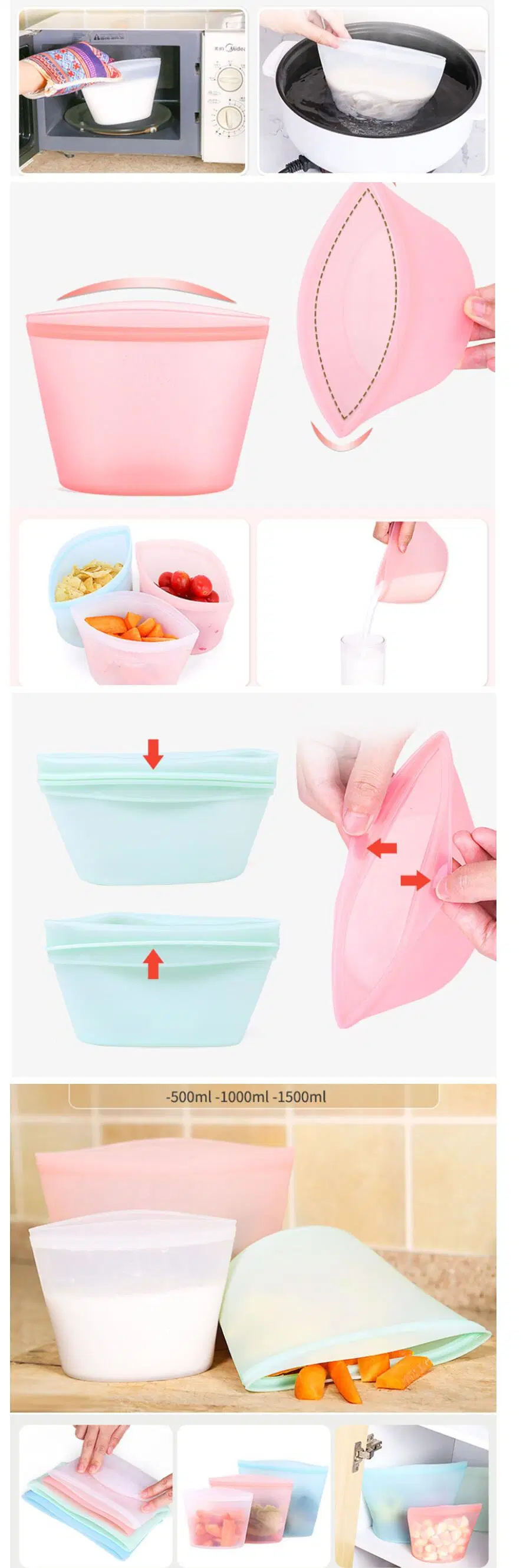 Leakproof Multi-Sizes Online Food Storage Bag Silicone Snack Container Keep Food Fresh Zipper Locked Bag