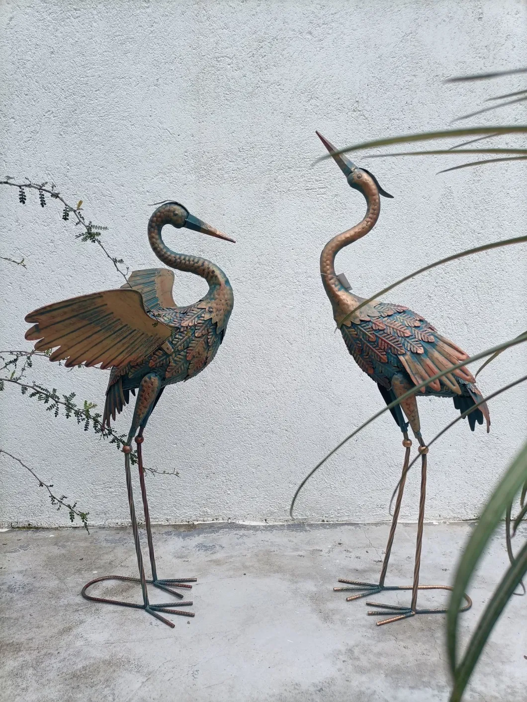 Heron Decoy Standing Metal Sculptures Bird Yard Set of 2 Garden Crane Statues Patina