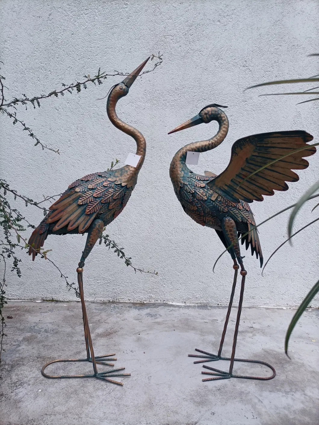 Heron Decoy Standing Metal Sculptures Bird Yard Set of 2 Garden Crane Statues Patina