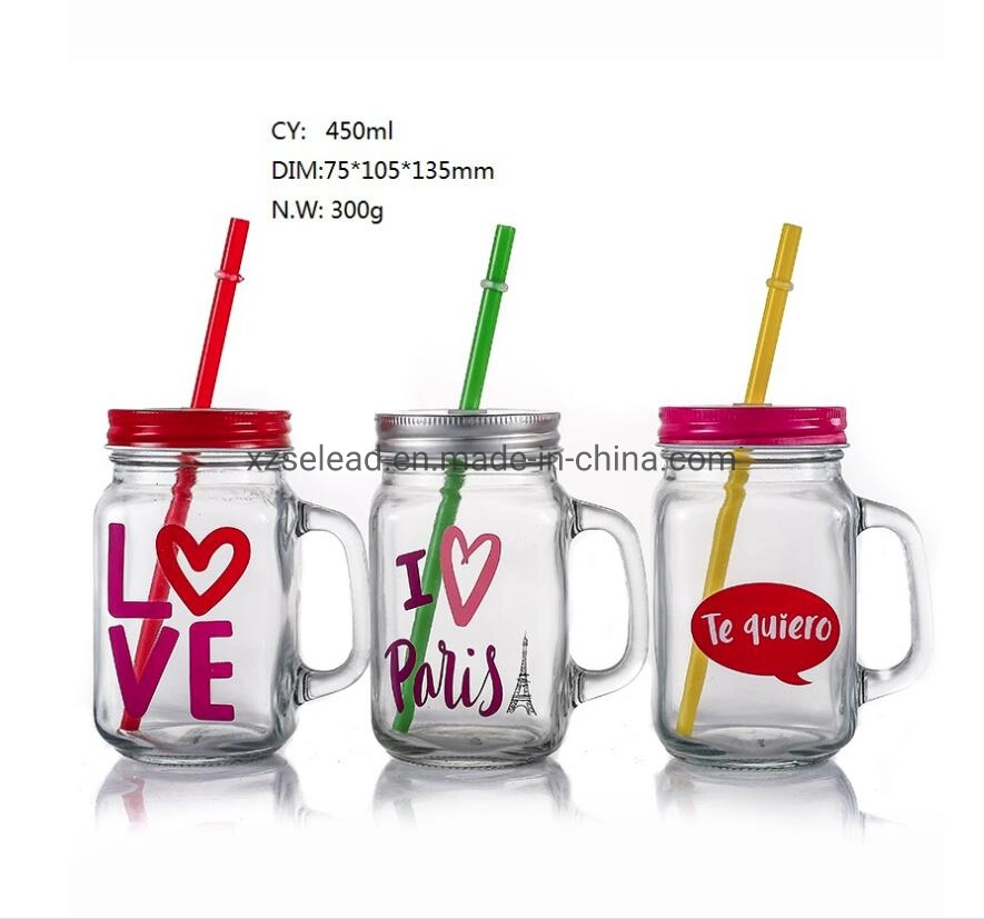 Logo Printed 450ml Straw Handle Screw Top Glass Jar with Lid