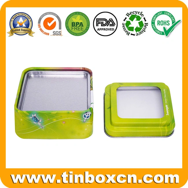 Square Metal Cosmetics Watches Jewelry PVC Clear Window Tin with Sponge Inserts