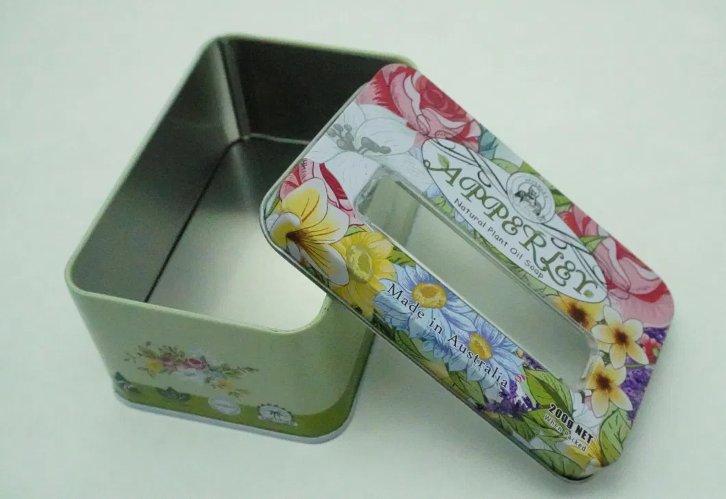 Colorful Flower Soap Rectangle with PVC Window Small Metal Tin Box