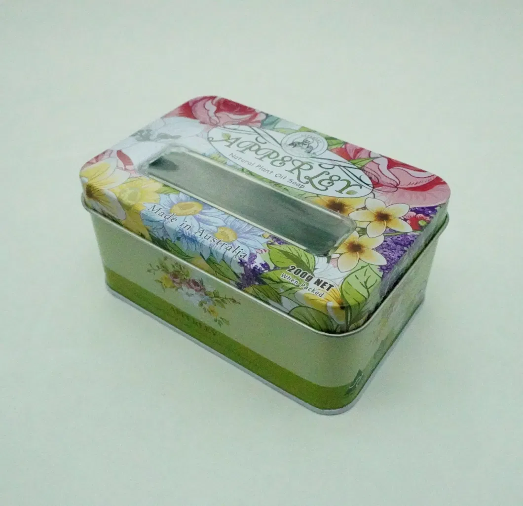 Colorful Flower Soap Rectangle with PVC Window Small Metal Tin Box