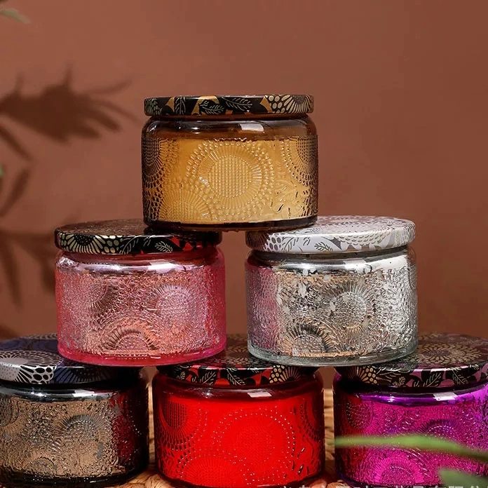 Luxury Aromatherapy Glass Relief Candle Container Iridescent Home Decorative Metal Lid Crystals Candle Jars